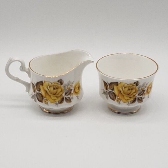 Queen Anne Vintage White Bone China Yellow Roses Ribbed Cream and Sugar Set - Picture 6 of 9